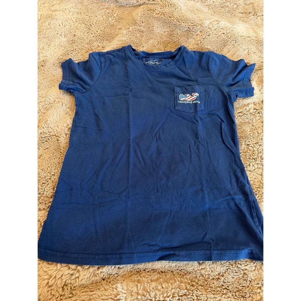 Vineyard Vines Womens XS Navy Blue American Flag Whale Pocket T-Shirt Cotton
